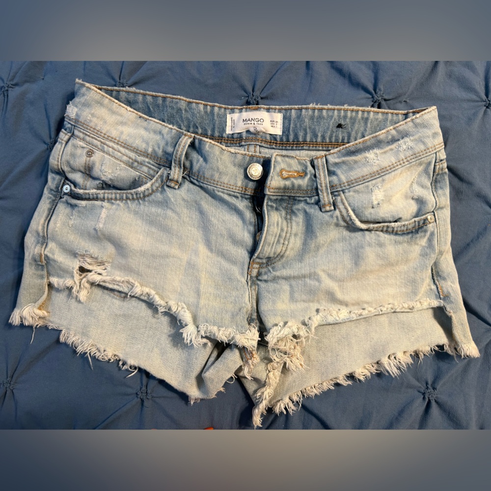 Mango Light Blue Distressed Denim Shorts